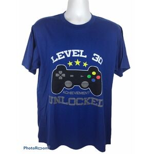 NWT Port And Company Mens Large Blue Level 30 Achievement Unlocked Gamer T-Shirt
